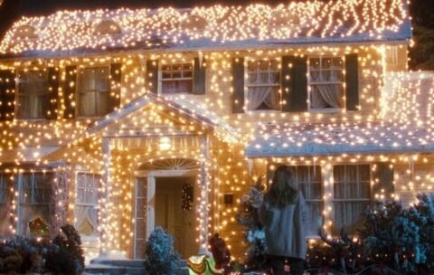 House with Christmas lights lit up